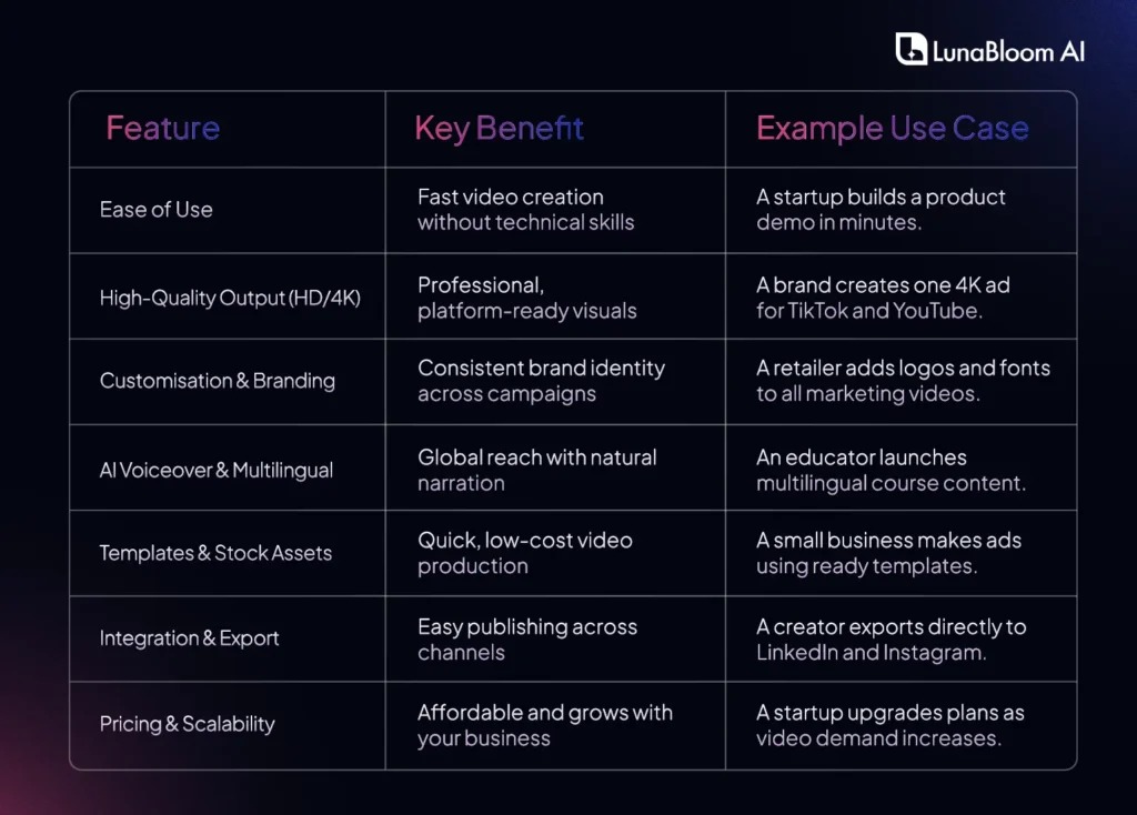 AI Video Generation Tool Features